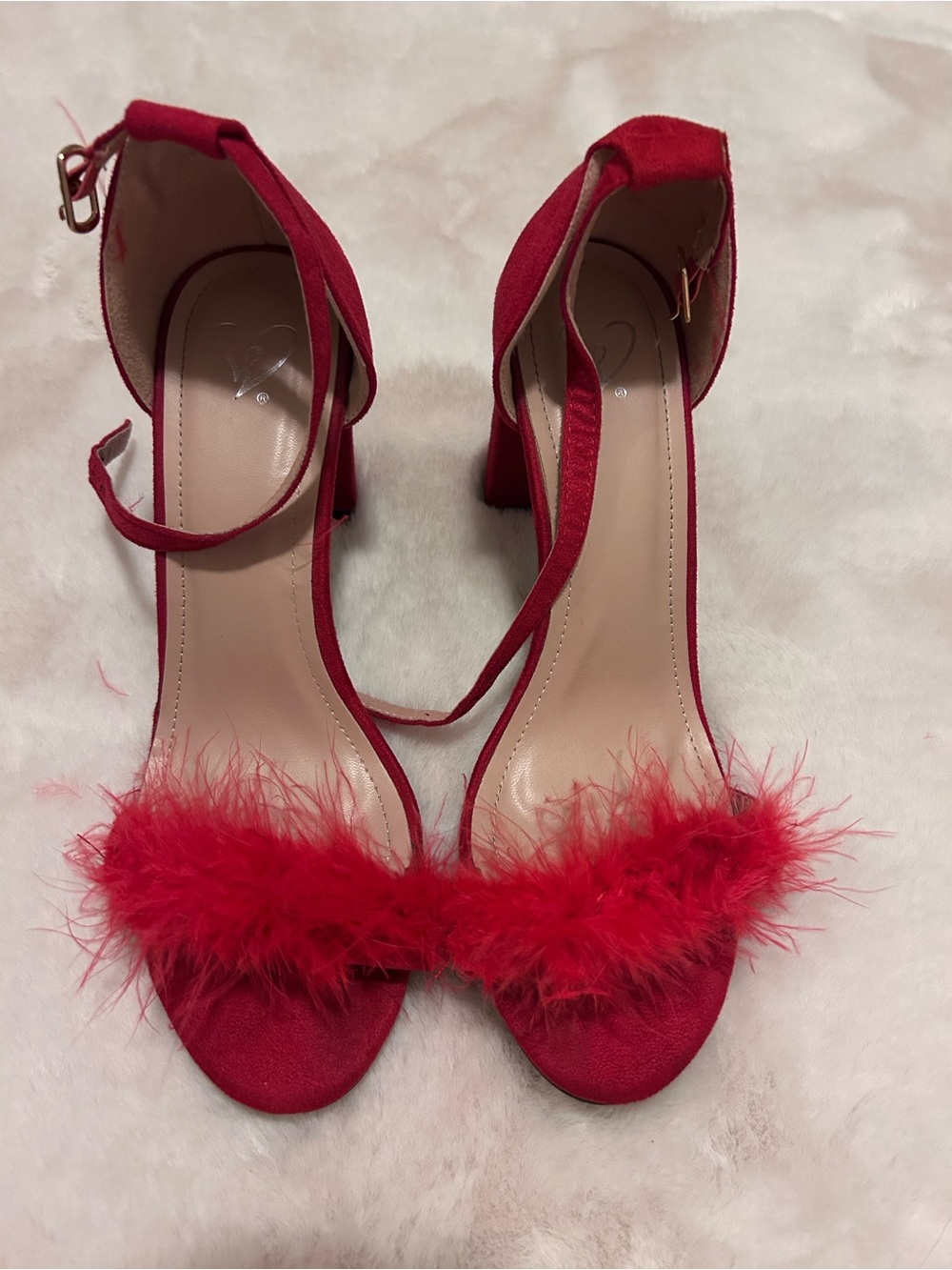 Windsor Red Feather-Trim Ankle-Strap Block Heels